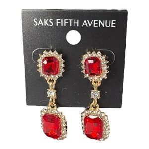 3/$40 Saks Fifth Avenue Ruby Red & Gold Color Drop Dangle Earrings